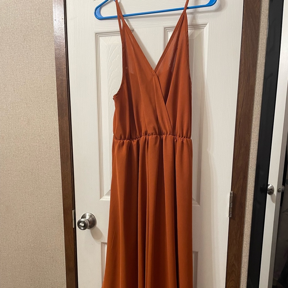SHEIN Curve V-neck belted wrap hem dress. Burnt orange. Polyester and cotton 1XL